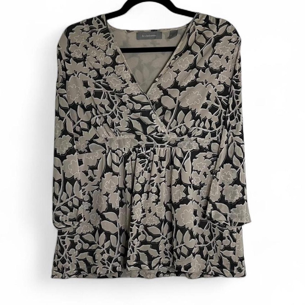 Liz Claiborne Floral Blouse Large Tan Brown Y2K 90s Vintage Style